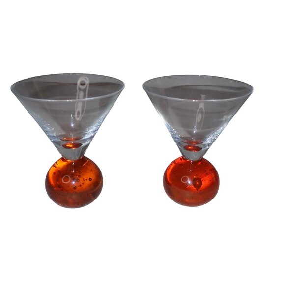Martini Cocktail Liqueur Glasses‎ Hand Blown Ball Stem Bubbles Lot of 2 MCM - Picture 1 of 6